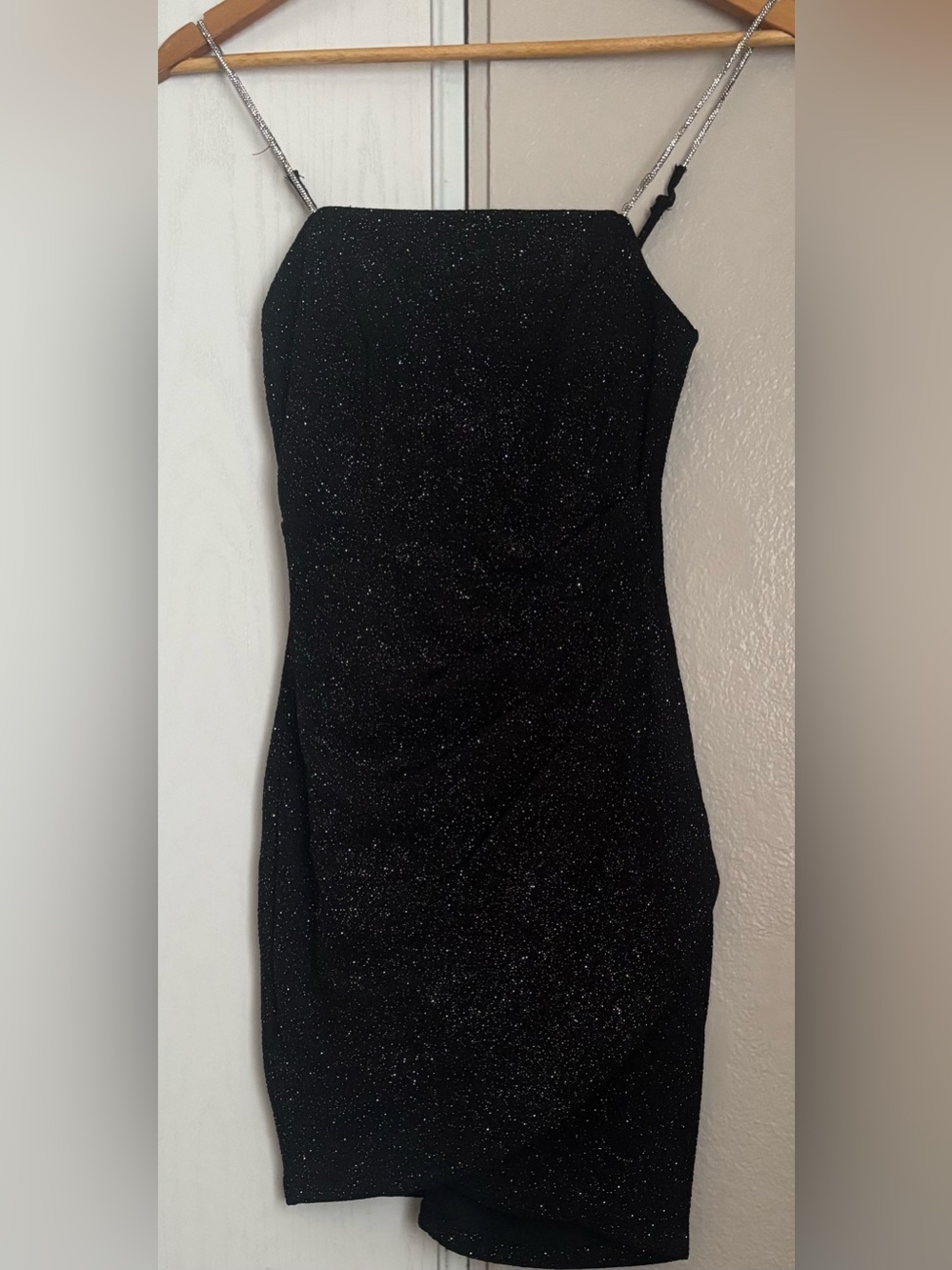 Crystal Doll Black Glitter Mini Dress with Silver Straps